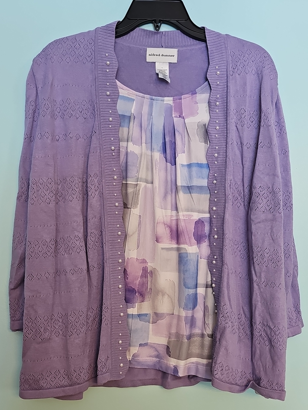 Alfred Dunner Lavender Open-Front Knit Cardigan with Watercolor Shell